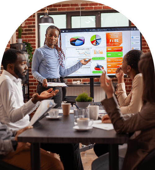 Woman points screen meeting